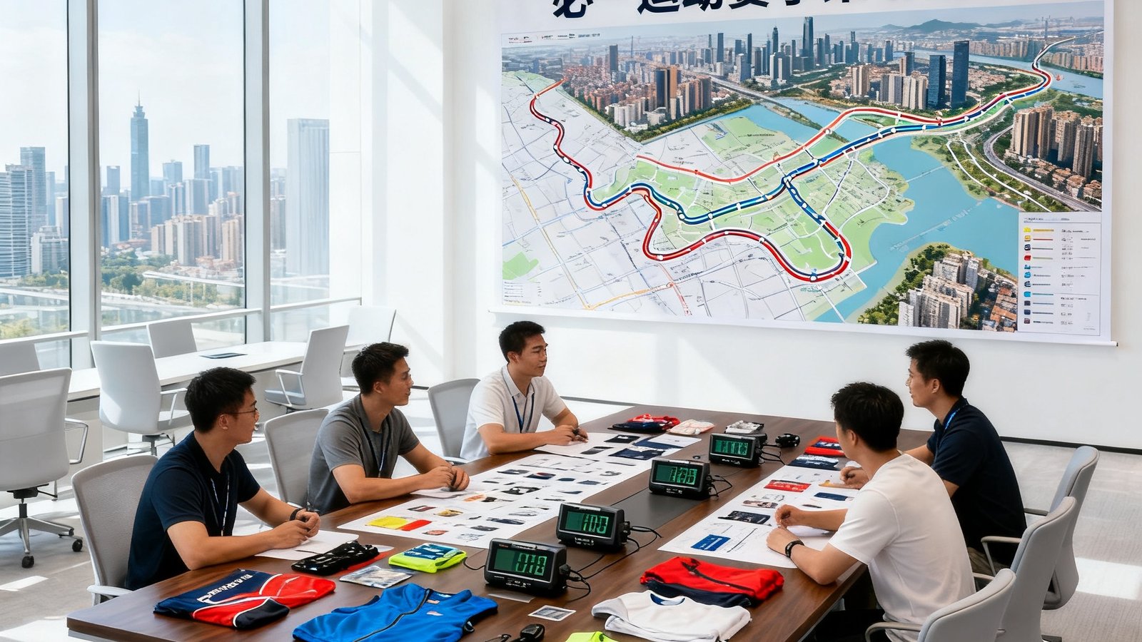 明亮宽敞的现代化办公室内，必一运动赛事策划团队围坐在会议桌旁热烈讨论方案，背景墙壁上悬挂着巨幅城市马拉松路线规划图，桌面上铺满了赛事物资样品和计时设备