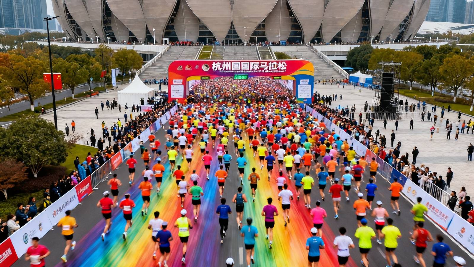 杭州国际马拉松起跑瞬间，上万名跑者从城市地标建筑前如潮水般涌出，彩色运动服汇成一道流动的彩虹，无人机从空中俯拍记录下这一壮观时刻