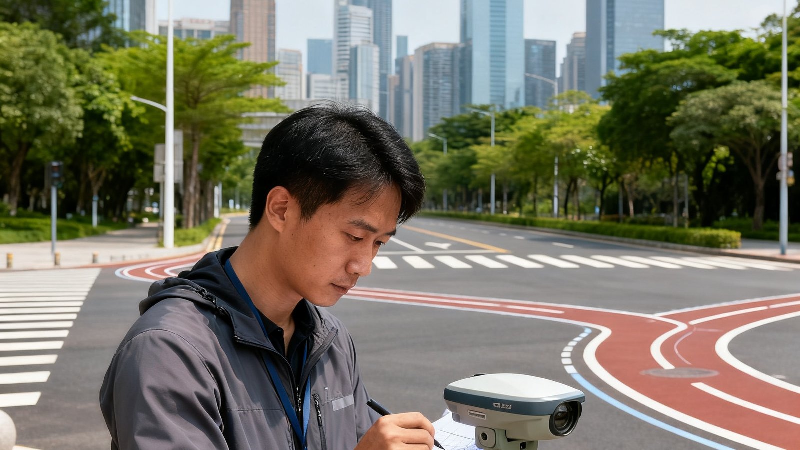 必一运动路线规划师手持高精度GPS测量设备站在城市道路交叉口，认真记录赛道数据，身后是城市天际线和绿树成荫的街道