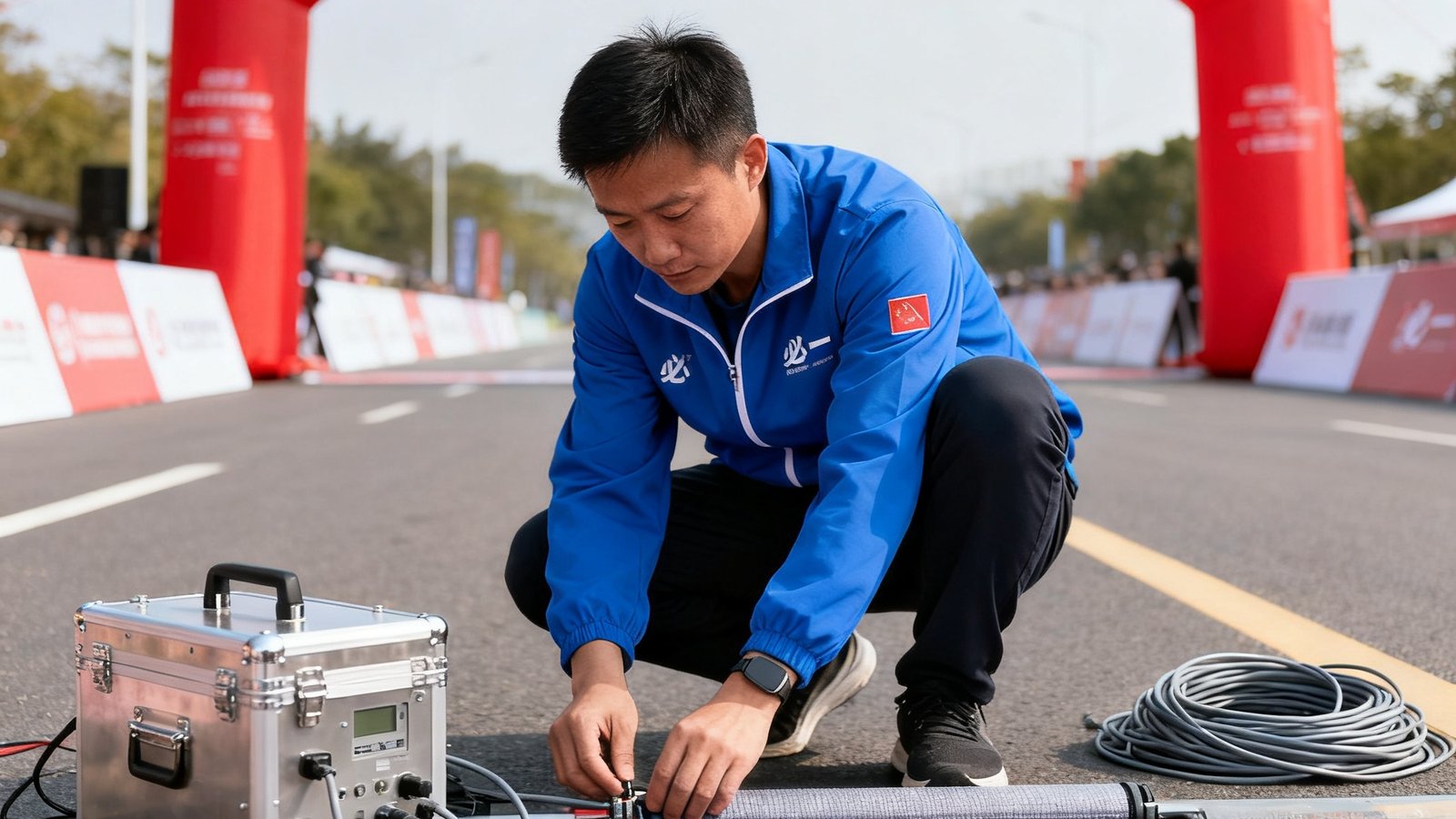 身穿必一运动工作服的技术工程师蹲在赛道路面上，正在仔细铺设和调试RFID计时地毯，周围放置着专业设备和线缆，背景是赛事起终点拱门
